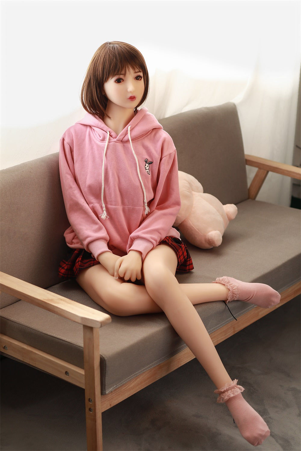 155cm Female Sex Dolls for Men, Flat Breast, Natural, TPE, Black Eyes, Short Brown Hair+ Long Golden Hair