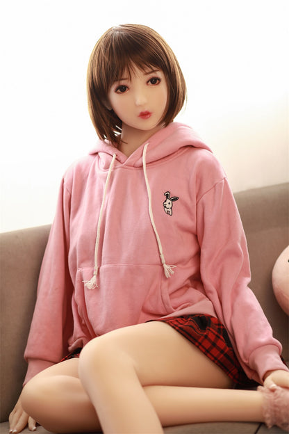 155cm Female Sex Dolls for Men, Flat Breast, Natural, TPE, Black Eyes, Short Brown Hair+ Long Golden Hair